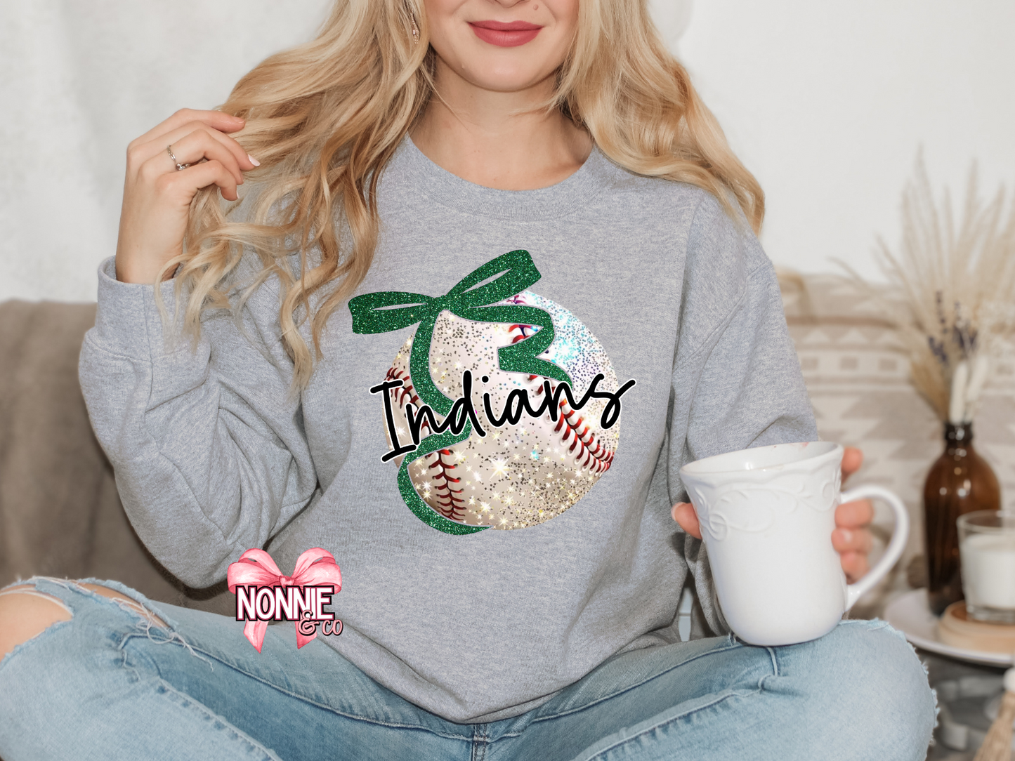 Indians Baseball Glitter Bow